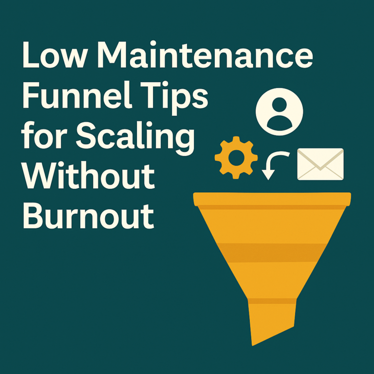 Text-only image with the title “Low Maintenance Funnel Tips for Scaling Without Burnout” next to a sales funnel icon and automation symbols on a teal background.